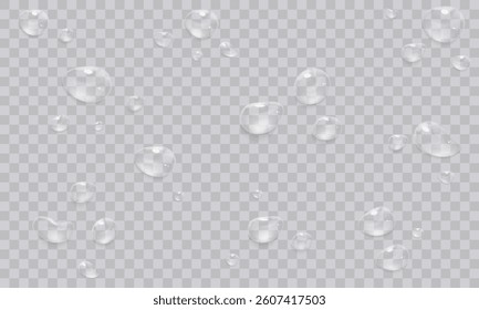 Realistic vector water drop, drops, droplets. PNG drops, condensation on glass, on various surfaces. Realistic drops on a transparent background. Rain and dew. Vector