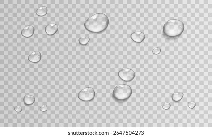 Realistische Vektorwassertropfen, Tropfen, Tröpfchen. PNG-Tropfen, Kondensation auf Glas, auf verschiedenen Oberflächen. Realistische Tropfen auf transparentem Hintergrund. Regen und Tau. Vektorgrafik