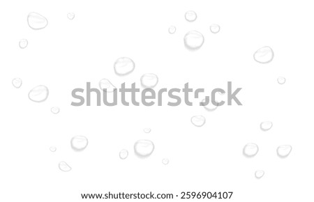 Realistic vector water drop, drops, droplets. PNG drops, condensation on glass, on various surfaces. Realistic drops on a transparent background. Rain and dew. Vector