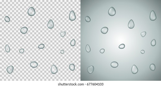 Realistic vector water droplets on a transparent background. Example on a gray background. Vector illustration
