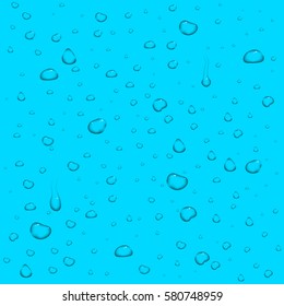 Realistic vector water drops blue background. Liquid aqua droplet illustration