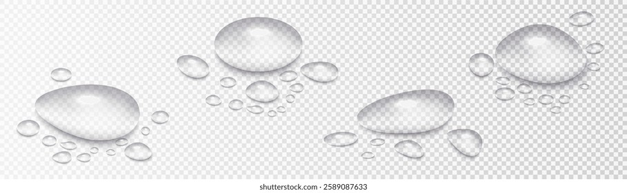 Realistic vector water drops isolated on transparent background. High-quality illustration of droplets after rain, morning dew, and condensation on glass surfaces. Water texture with drops