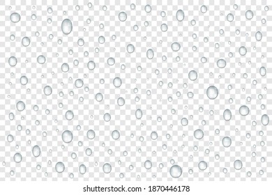 El agua vectorial realista cae sobre un fondo transparente. La lluvia cae sobre una superficie. Condensación o vapor.