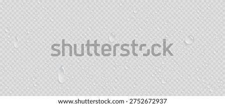 Realistic vector water drops overlay pattern isolated on a transparent background png. Water condensation on glass surface, light reflection and shadow. 3d vector rain or shower drops. Pure liquid