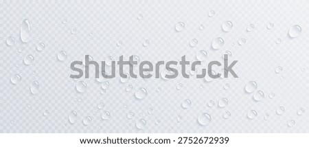 Realistic vector water drops overlay isolated on a light transparent background png. Water condensation on surface, light reflection and realistic shadow. 3d vector rain or shower drops. Pure liquid