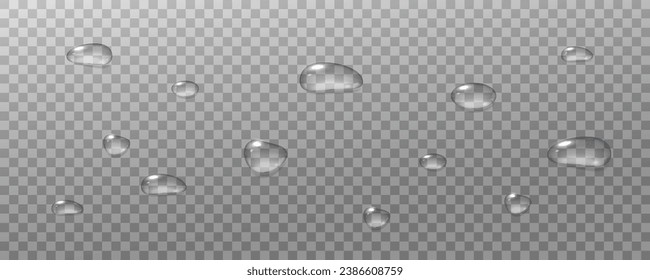 : Realistic vector water drops png on a transparent light background. Water condensation on the surface with light reflection and realistic shadow. 3d vector illustration