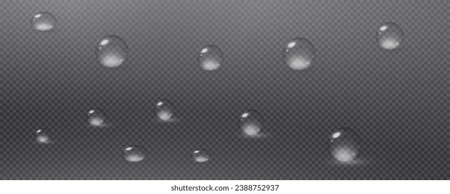  Realistic vector water drops png on a transparent light background. Water condensation on the surface with light reflection and realistic shadow. 3d vector illustration