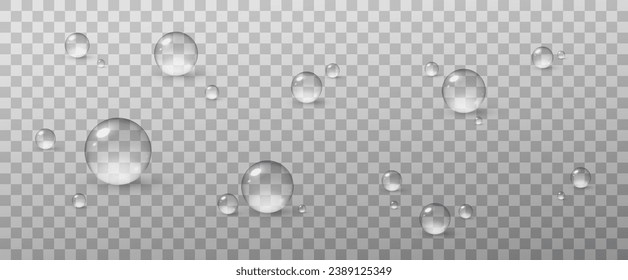 : Realistic vector water drops png on a transparent light background. Water condensation on the surface with light reflection and realistic shadow. 3d vector illustration