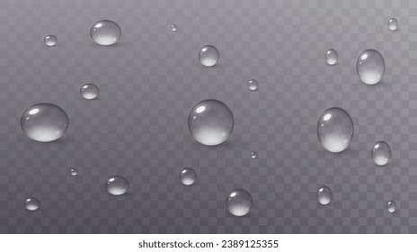 : Realistic vector water drops png on a transparent light background. Water condensation on the surface with light reflection and realistic shadow. 3d vector illustration