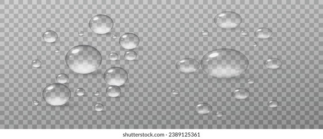 : Realistic vector water drops png on a transparent light background. Water condensation on the surface with light reflection and realistic shadow. 3d vector illustration