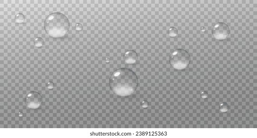 : Realistic vector water drops png on a transparent light background. Water condensation on the surface with light reflection and realistic shadow. 3d vector illustration