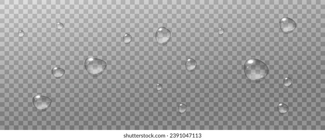 Realistic vector water drops png on a transparent light background. Water condensation on the surface with light reflection and realistic shadow. 3d vector illustration