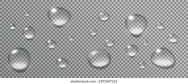 Realistic vector water drops png on a transparent light background. Water condensation on the surface with light reflection and realistic shadow. 3d vector illustration