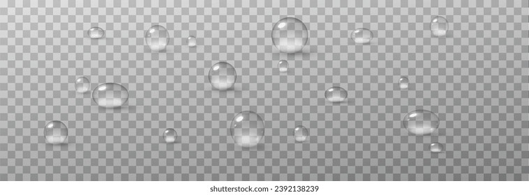 Realistic vector water drops png on a transparent light background. Water condensation on the surface with light reflection and realistic shadow. 3d vector illustration