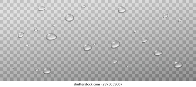 El agua vectorial realista cae sobre un fondo de luz transparente. Condensación de agua en la superficie con reflexión de luz y sombra realista. 3.ª ilustración vectorial