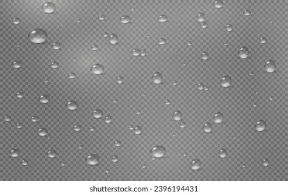 Realistic vector water drops png on a transparent light background. Water condensation on the surface with light reflection and realistic shadow. 3d vector illustration