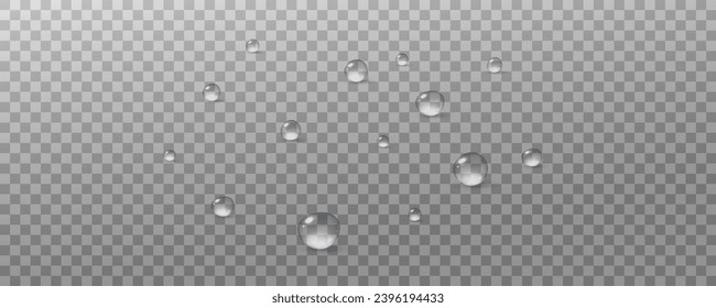Realistic vector water drops png on a transparent light background. Water condensation on the surface with light reflection and realistic shadow. 3d vector illustration
