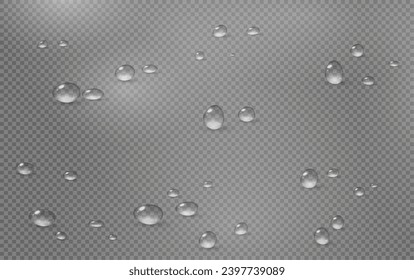 Realistic vector water drops png on a transparent light background. Water condensation on the surface with light reflection and realistic shadow. 3d vector illustration