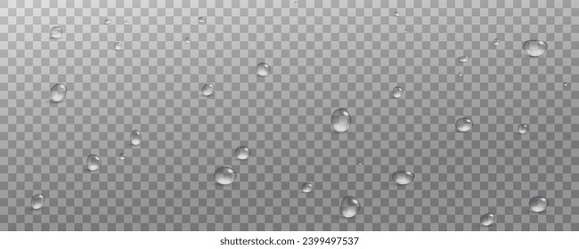 Realistic vector water drops png on a transparent light background. Water condensation on the surface with light reflection and realistic shadow. 3d vector illustration