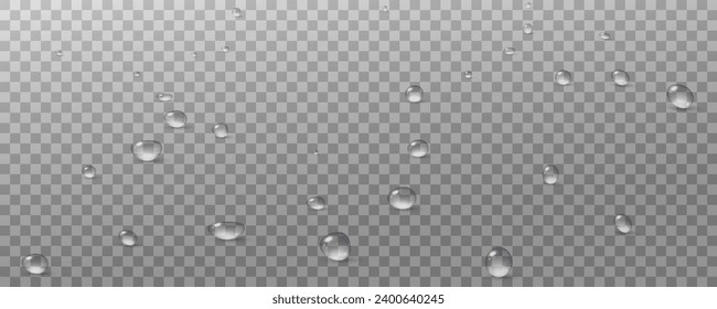 Realistic vector water drops png on a transparent light background. Water condensation on the surface with light reflection and realistic shadow. 3d vector illustration