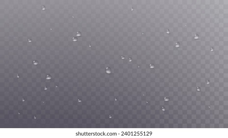 Realistic vector water drops png on a transparent light background. Water condensation on the surface with light reflection and realistic shadow. 3d vector illustration