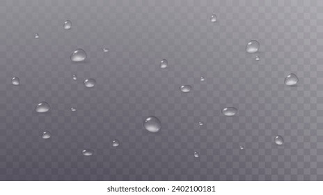 Realistic vector water drops png on a transparent light background. Water condensation on the surface with light reflection and realistic shadow. 3d vector illustration