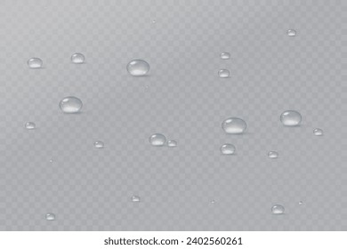 Realistic vector water drops png on a transparent light background. Water condensation on the surface with light reflection and realistic shadow. 3d vector illustration