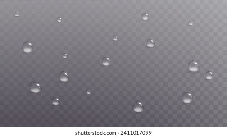 Realistic vector water drops png on a transparent light background. Water condensation on the surface with light reflection and realistic shadow. 3d vector illustration