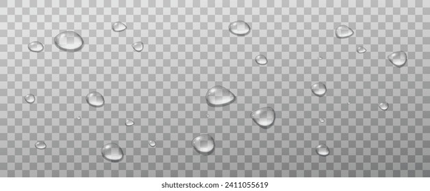 Realistic vector water drops png on a transparent light background. Water condensation on the surface with light reflection and realistic shadow. 3d vector illustration