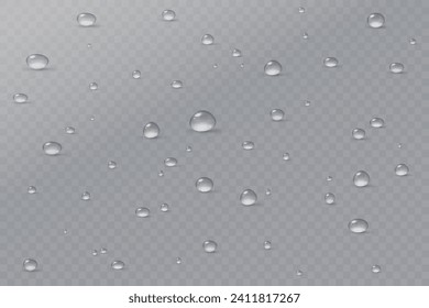 Realistic vector water drops png on a transparent light background. Water condensation on the surface with light reflection and realistic shadow. 3d vector illustration