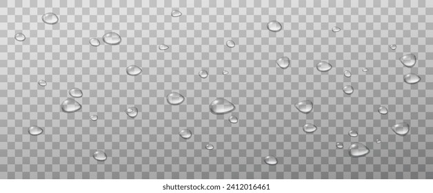 Realistic vector water drops png on a transparent light background. Water condensation on the surface with light reflection and realistic shadow. 3d vector illustration