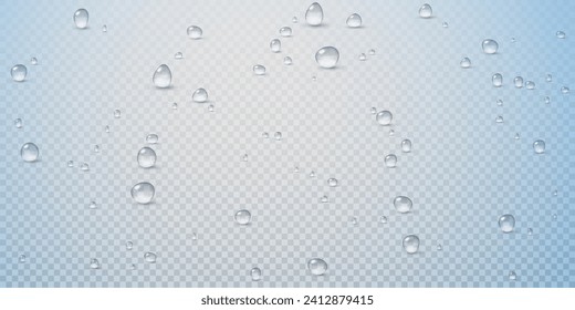 Realistic vector water drops png on a transparent light background. Water condensation on the surface with light reflection and realistic shadow. 3d vector illustration