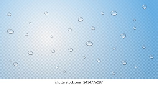 Realistic vector water drops png on a transparent light background. Water condensation on the surface with light reflection and realistic shadow. 3d vector illustration