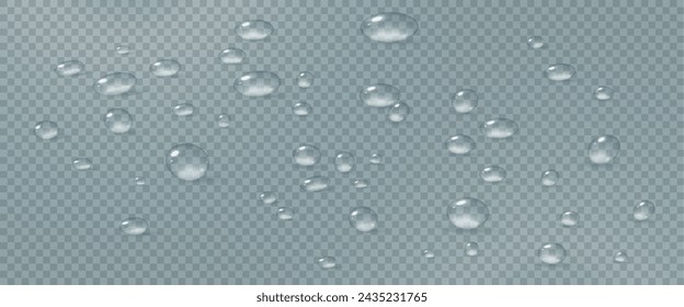 Realistic vector water drops png on a transparent light background. Water condensation on the surface with light reflection and realistic shadow. 3d vector illustration