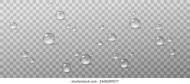 Realistic vector water drops png on a transparent light background. Water condensation on the surface with light reflection and realistic shadow. 3d vector illustration