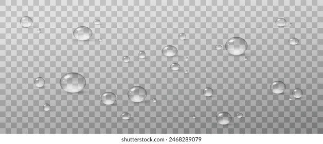 Realistic vector water drops png on a transparent light background. Water condensation on the surface with light reflection and realistic shadow. 3d vector illustration