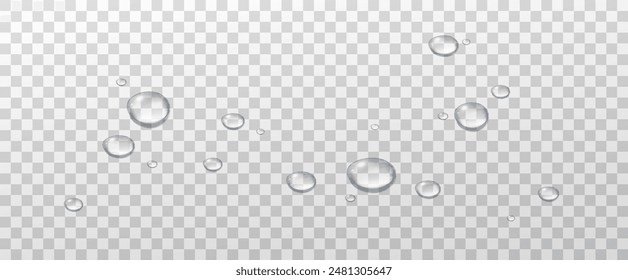 Realistic vector water drops png on a transparent light background. Water condensation on the surface with light reflection and realistic shadow. 3d vector illustration