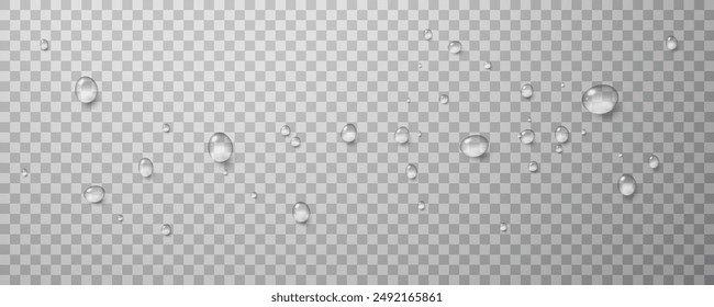 Realistic vector water drops png on a transparent light background. Water condensation on the surface with light reflection and realistic shadow. 3d vector illustration