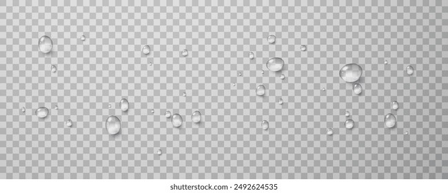 Realistic vector water drops png on a transparent light background. Water condensation on the surface with light reflection and realistic shadow. 3d vector illustration