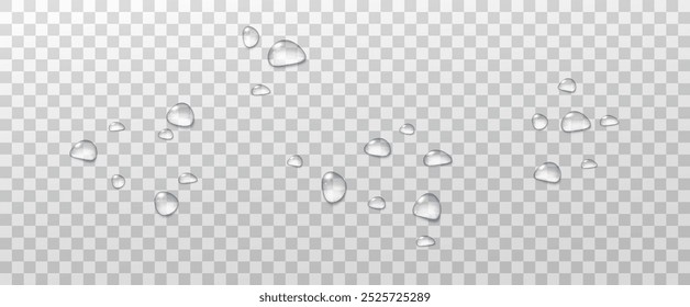 Realistic vector water drops png on a transparent light background. Water condensation on the surface with light reflection and realistic shadow. 3d vector illustration