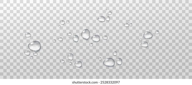 Realistic vector water drops png on a transparent light background. Water condensation on the surface with light reflection and realistic shadow. 3d vector illustration