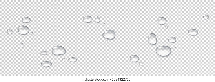 Realistic vector water drops png on a transparent light background. Water condensation on the surface with light reflection and realistic shadow. 3d vector illustration