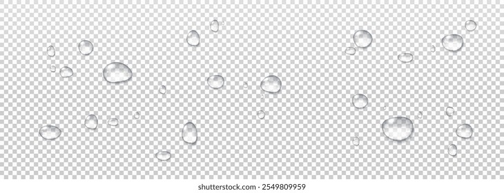 Realistic vector water drops png on a transparent light background. Water condensation on the surface with light reflection and realistic shadow. 3d vector illustration