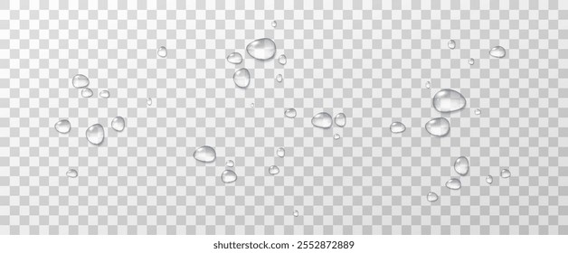 Realistic vector water drops png on a transparent light background. Water condensation on the surface with light reflection and realistic shadow. 3d vector illustration