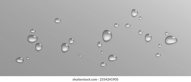 Realistic vector water drops png on a transparent light background. Water condensation on the surface with light reflection and realistic shadow. 3d vector illustration