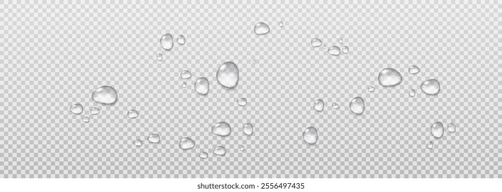 Realistic vector water drops png on a transparent light background. Water condensation on the surface with light reflection and realistic shadow. 3d vector illustration