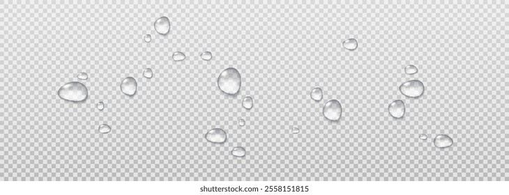 Realistic vector water drops png on a transparent light background. Water condensation on the surface with light reflection and realistic shadow. 3d vector illustration