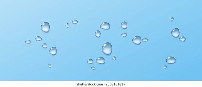 Realistic vector water drops png on a transparent light background. Water condensation on the surface with light reflection and realistic shadow. 3d vector illustration