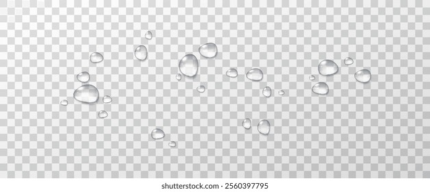 Realistic vector water drops png on a transparent light background. Water condensation on the surface with light reflection and realistic shadow. 3d vector illustration