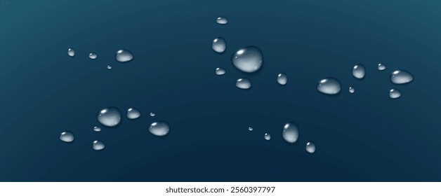 Realistic vector water drops png on a transparent light background. Water condensation on the surface with light reflection and realistic shadow. 3d vector illustration